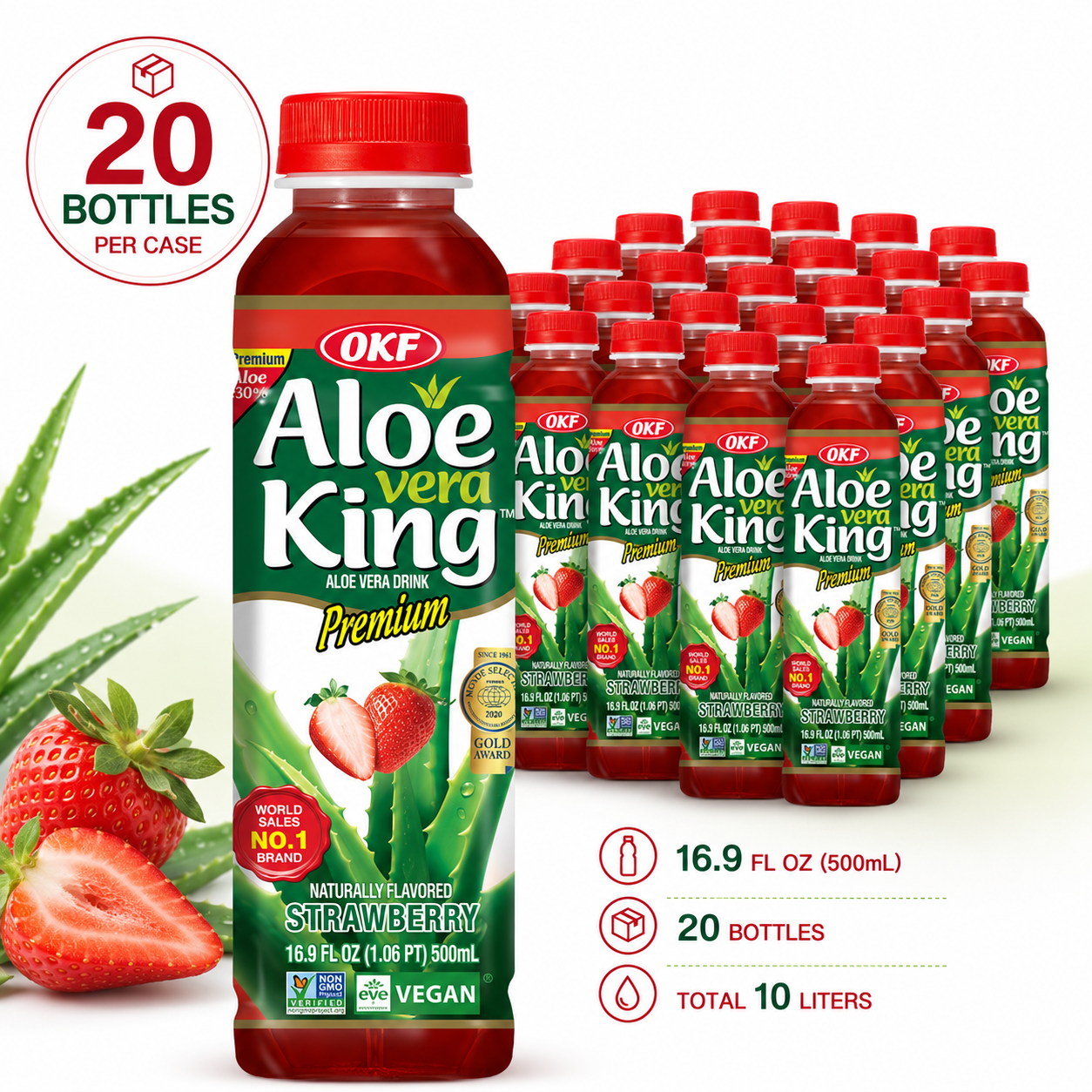 OKF Aloe Vera King Drink, Refreshing Aloe Vera Beverage, 16.9 fl oz (500 mL)  x 20 Bottles