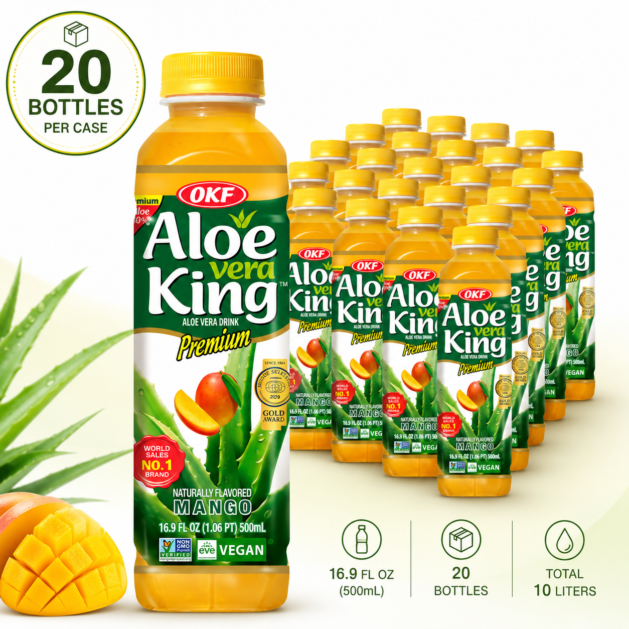 OKF Aloe Vera King Drink, Refreshing Aloe Vera Beverage, 16.9 fl oz (500 mL)  x 20 Bottles
