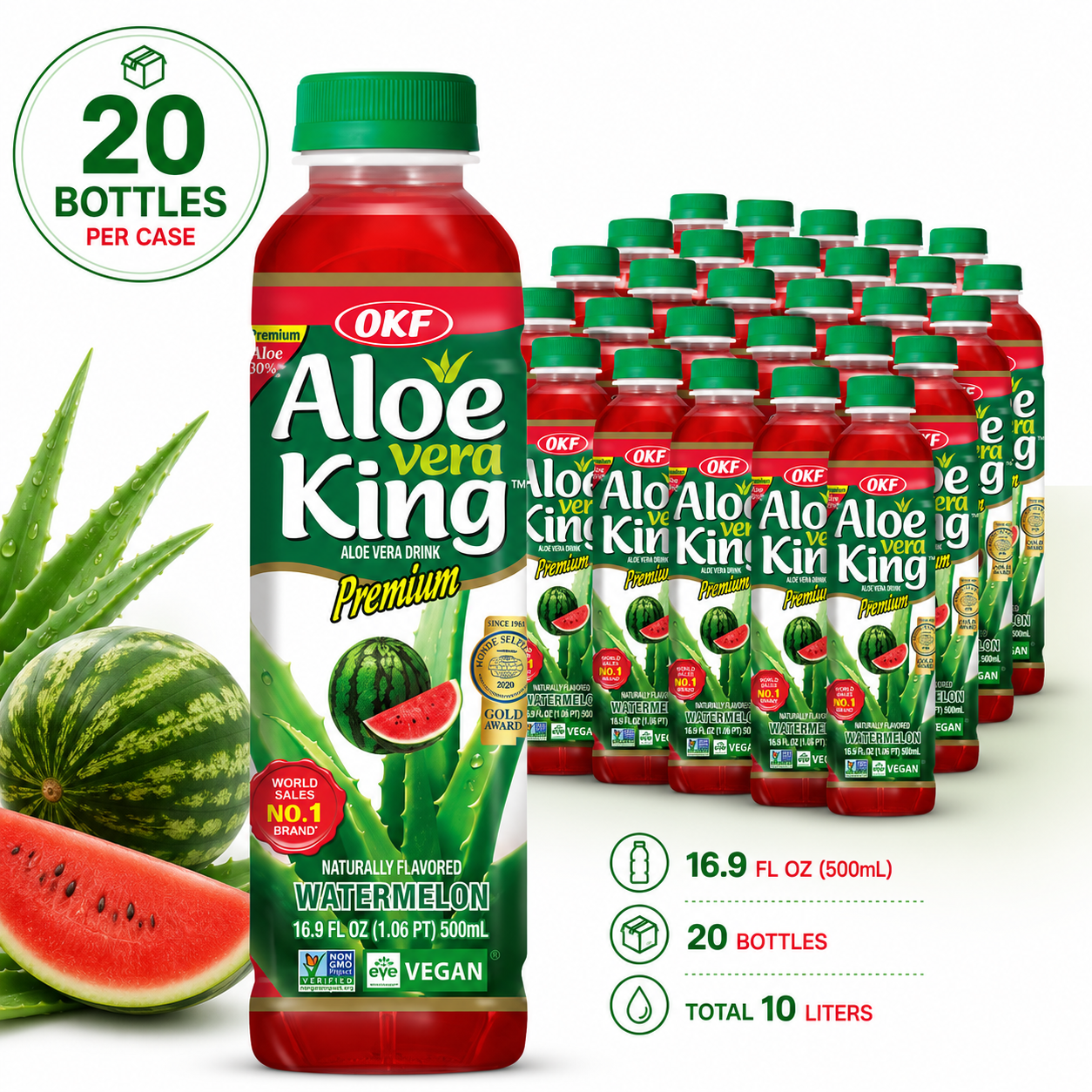 OKF Aloe Vera King Drink, Refreshing Aloe Vera Beverage, 16.9 fl oz (500 mL)  x 20 Bottles