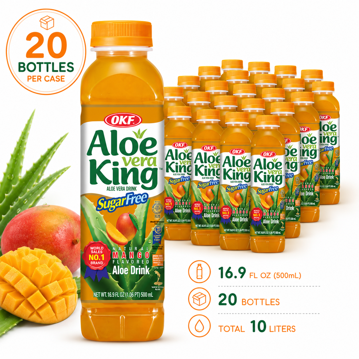 OKF Aloe Vera King Drink, Refreshing Aloe Vera Beverage, 16.9 fl oz (500 mL)  x 20 Bottles