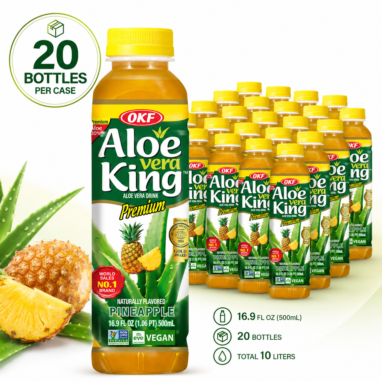 OKF Aloe Vera King Drink, Refreshing Aloe Vera Beverage, 16.9 fl oz (500 mL)  x 20 Bottles