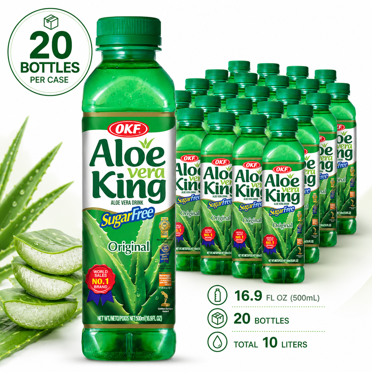 OKF Aloe Vera King Drink, Refreshing Aloe Vera Beverage, 16.9 fl oz (500 mL)  x 20 Bottles