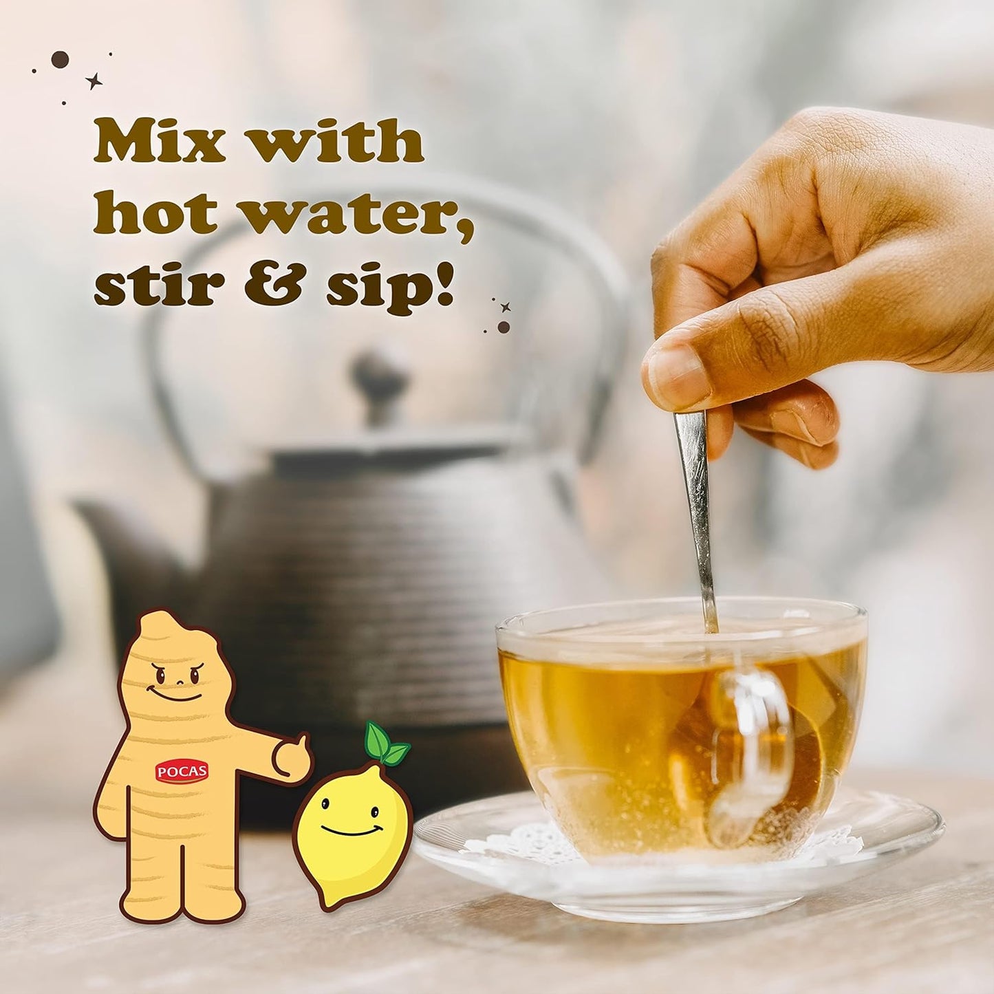 Pocas Honey Ginger Tea - Instant Tea Powder Packets with Lemon & Ginger Honey Crystals, 20 Count