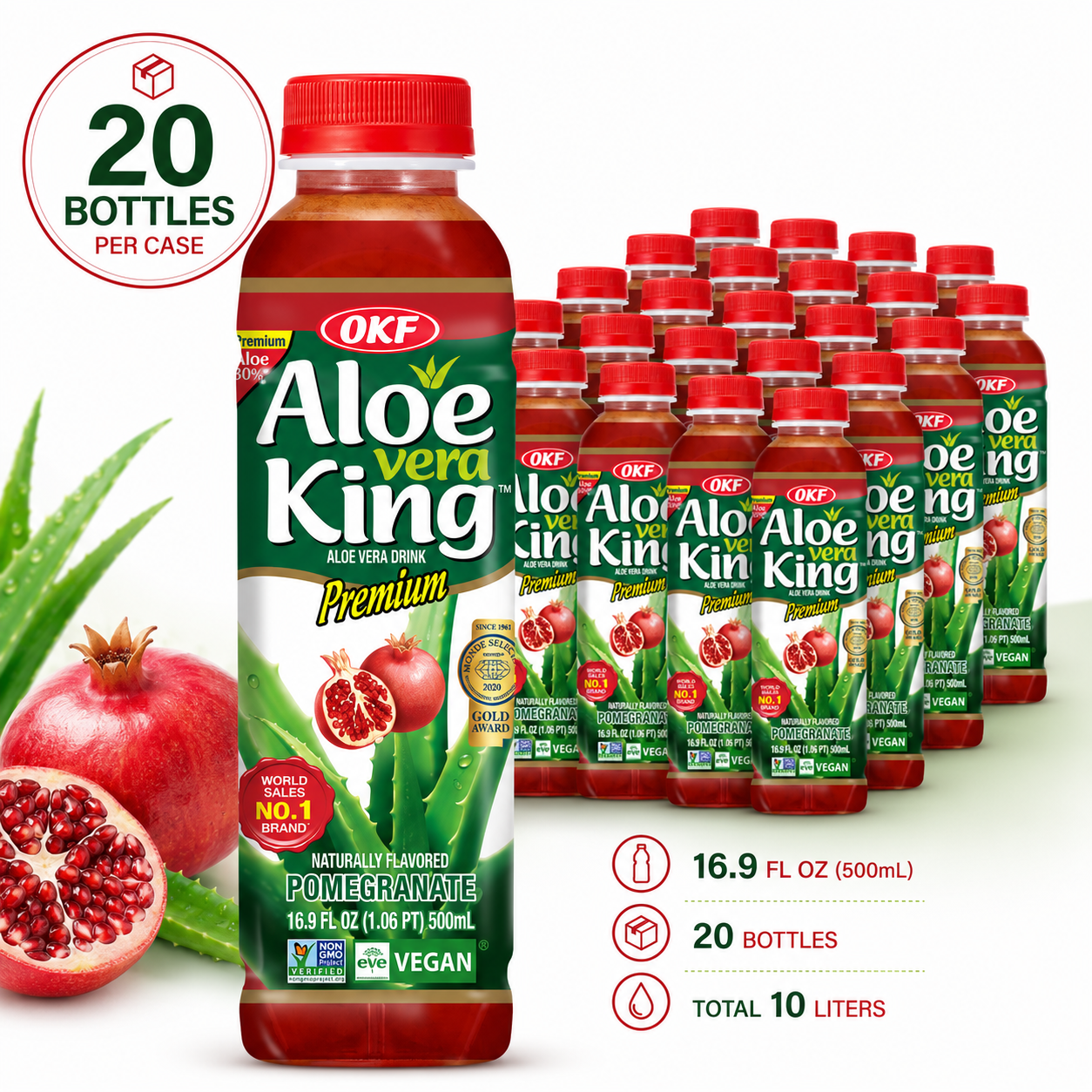 OKF Aloe Vera King Drink, Refreshing Aloe Vera Beverage, 16.9 fl oz (500 mL)  x 20 Bottles