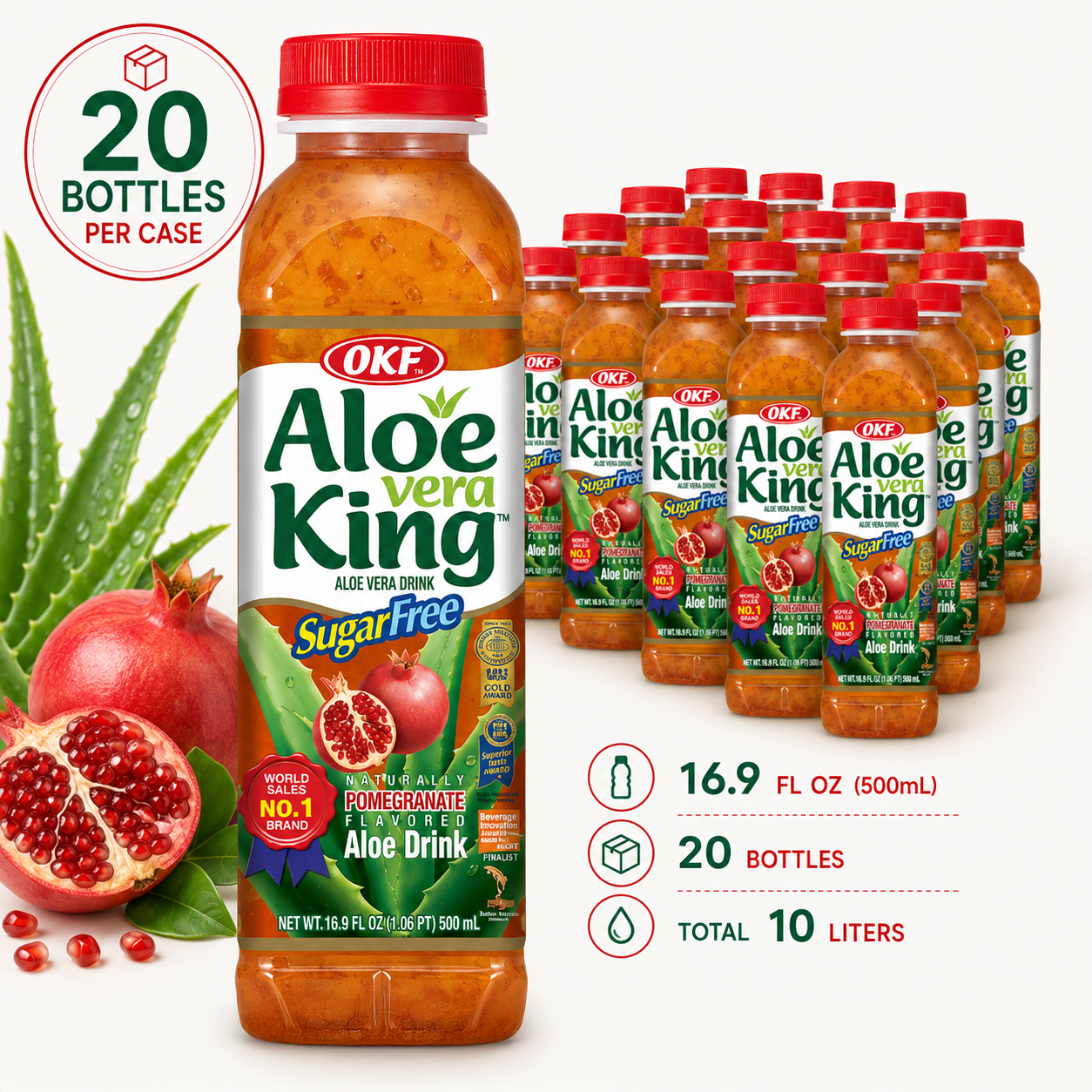 OKF Aloe Vera King Drink, Refreshing Aloe Vera Beverage, 16.9 fl oz (500 mL)  x 20 Bottles