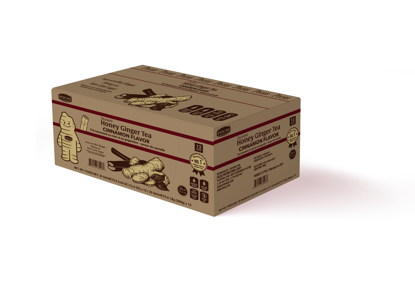 Pocas Honey Ginger Tea - Instant Tea Powder Packets with Lemon & Ginger Honey Crystals, 20 Count