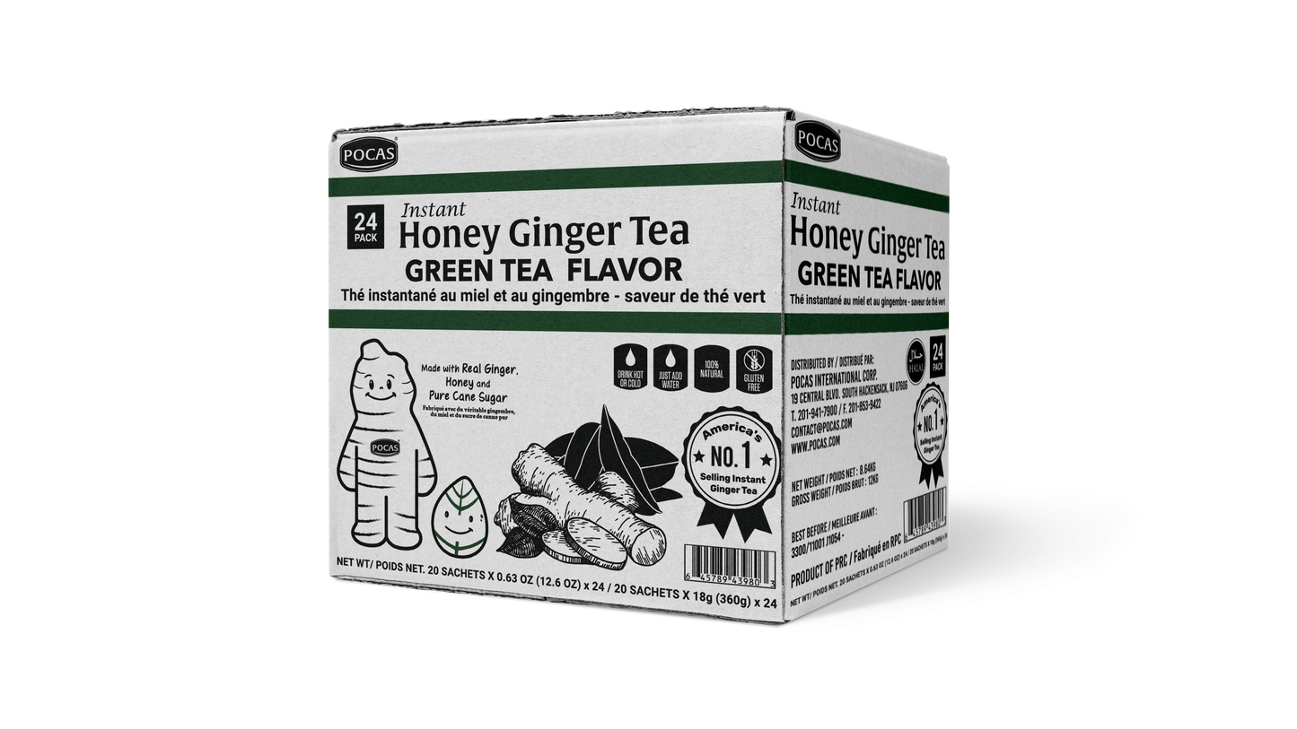 Pocas Honey Ginger Tea - Instant Tea Powder Packets with Lemon & Ginger Honey Crystals, 20 Count