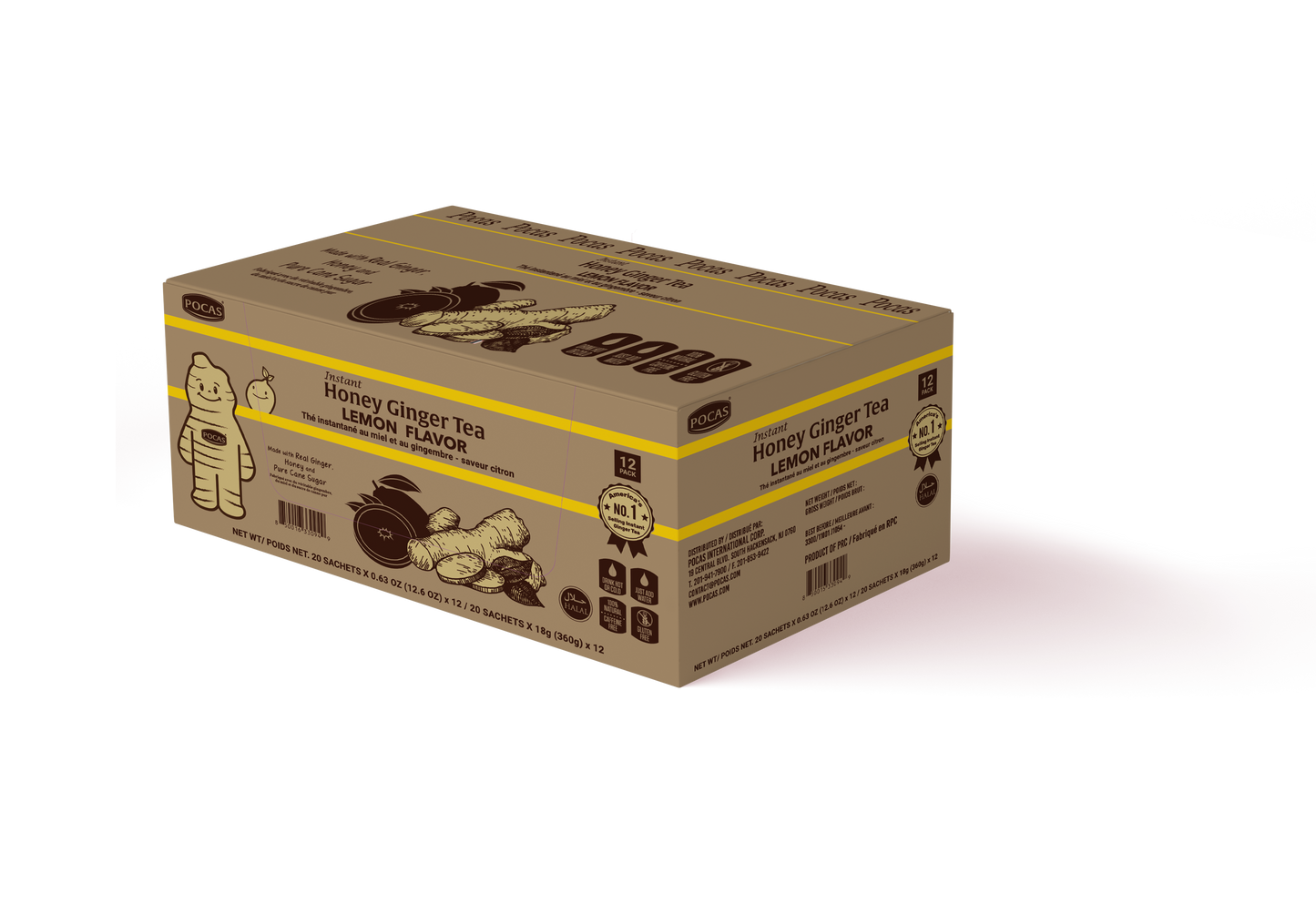 Pocas Honey Ginger Tea - Instant Tea Powder Packets with Lemon & Ginger Honey Crystals, 20 Count