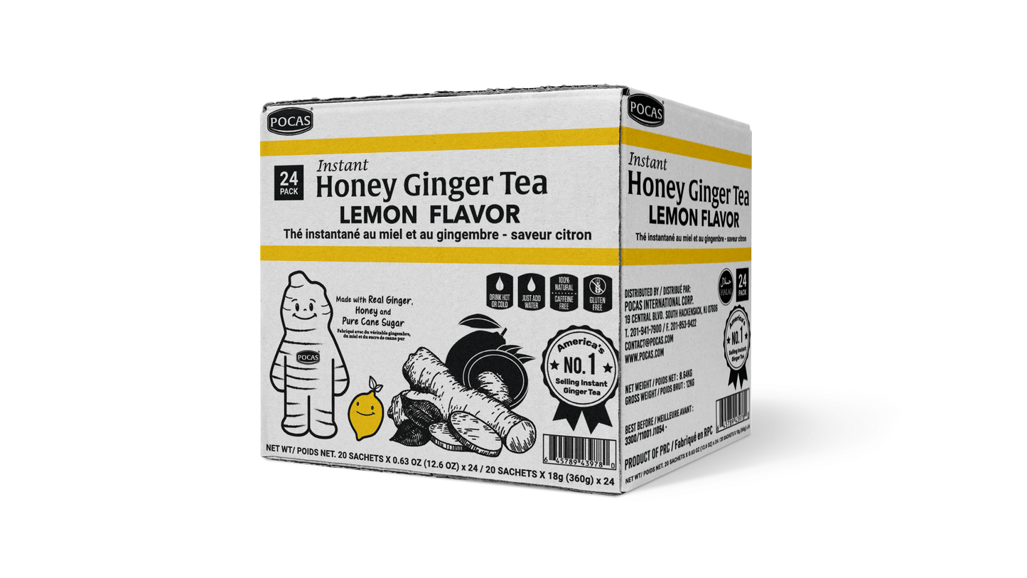 Pocas Honey Ginger Tea - Instant Tea Powder Packets with Lemon & Ginger Honey Crystals, 20 Count