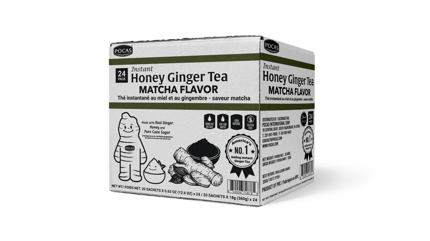Pocas Honey Ginger Tea - Instant Tea Powder Packets with Lemon & Ginger Honey Crystals, 20 Count
