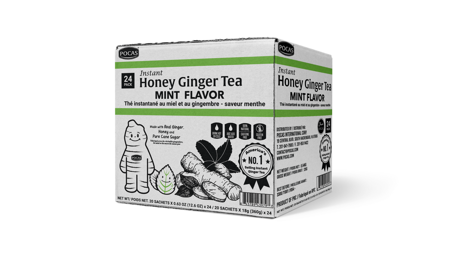 Pocas Honey Ginger Tea - Instant Tea Powder Packets with Lemon & Ginger Honey Crystals, 20 Count