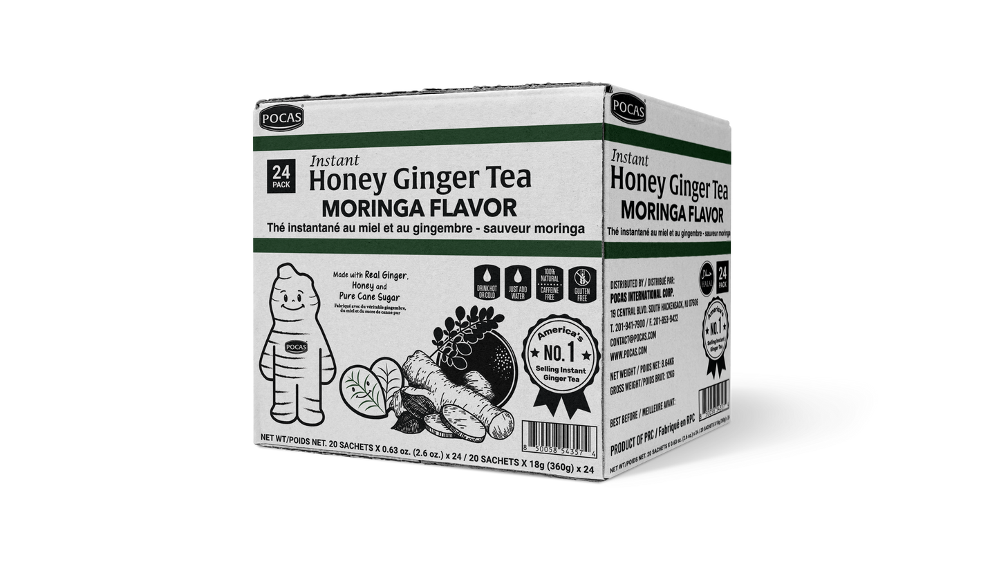 Pocas Honey Ginger Tea - Instant Tea Powder Packets with Lemon & Ginger Honey Crystals, 20 Count