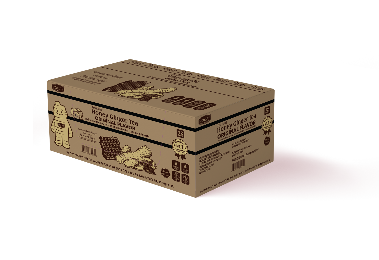 Pocas Honey Ginger Tea - Instant Tea Powder Packets with Lemon & Ginger Honey Crystals, 20 Count