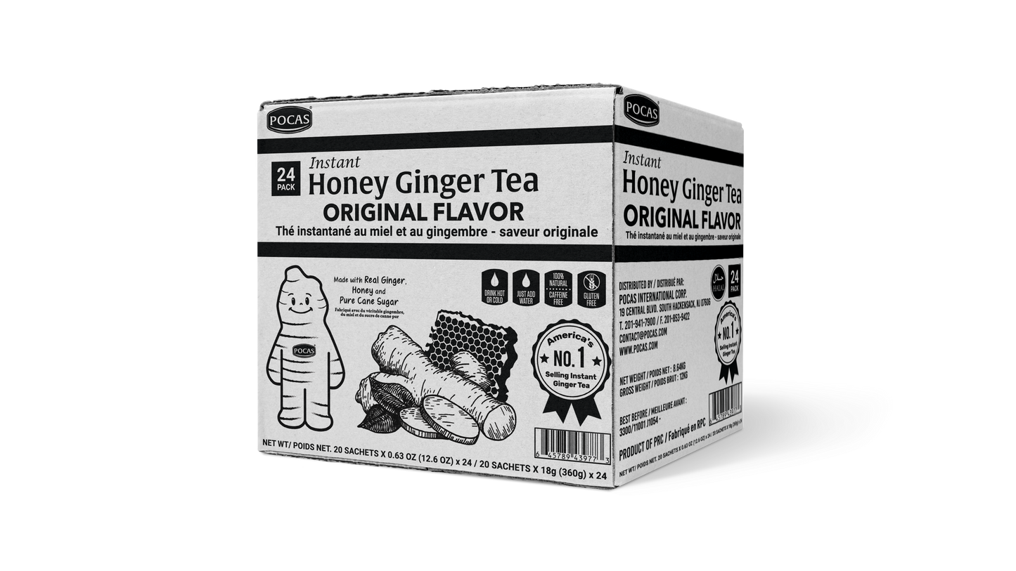 Pocas Honey Ginger Tea - Instant Tea Powder Packets with Lemon & Ginger Honey Crystals, 20 Count