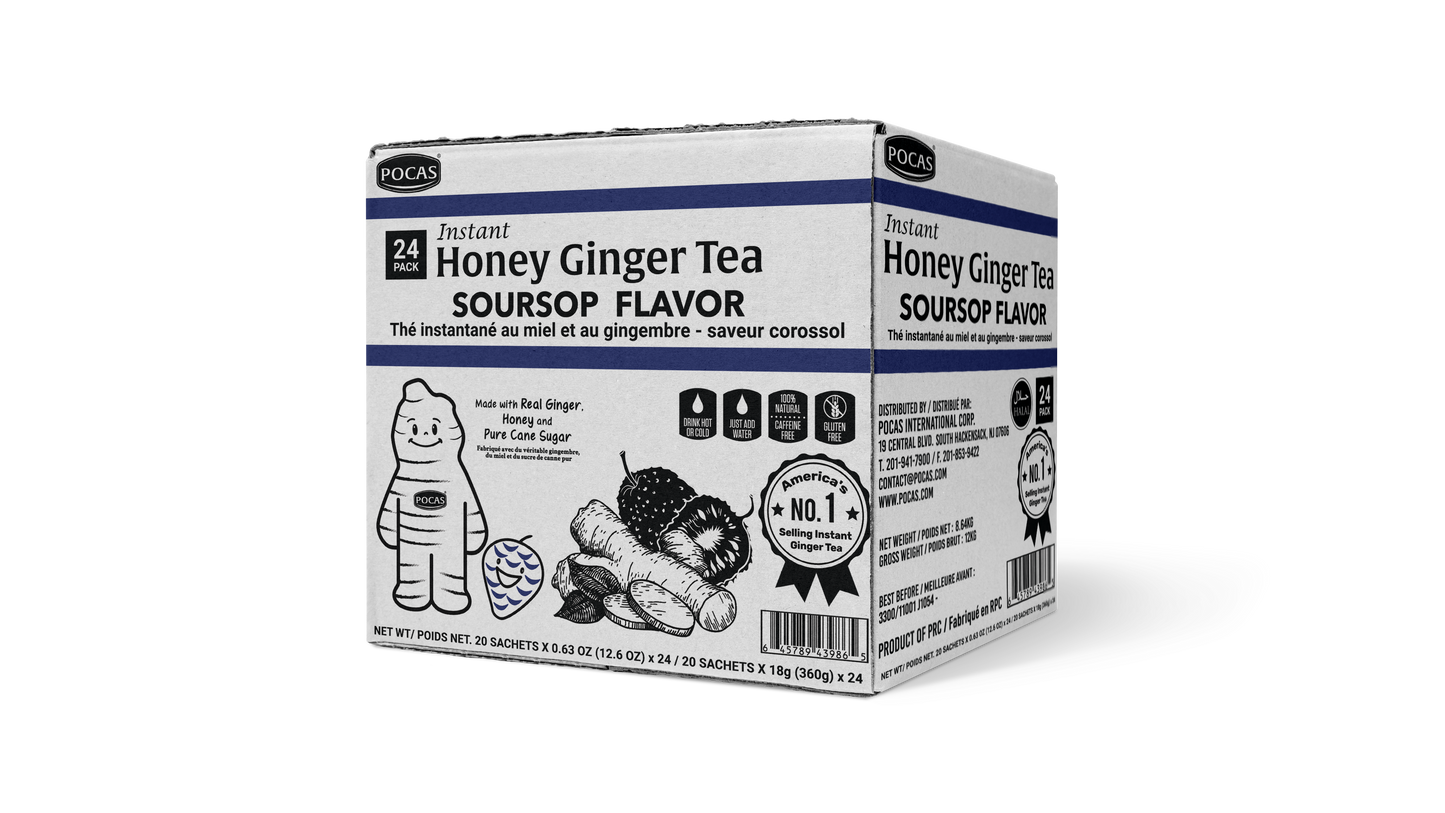 Pocas Honey Ginger Tea - Instant Tea Powder Packets with Lemon & Ginger Honey Crystals, 20 Count