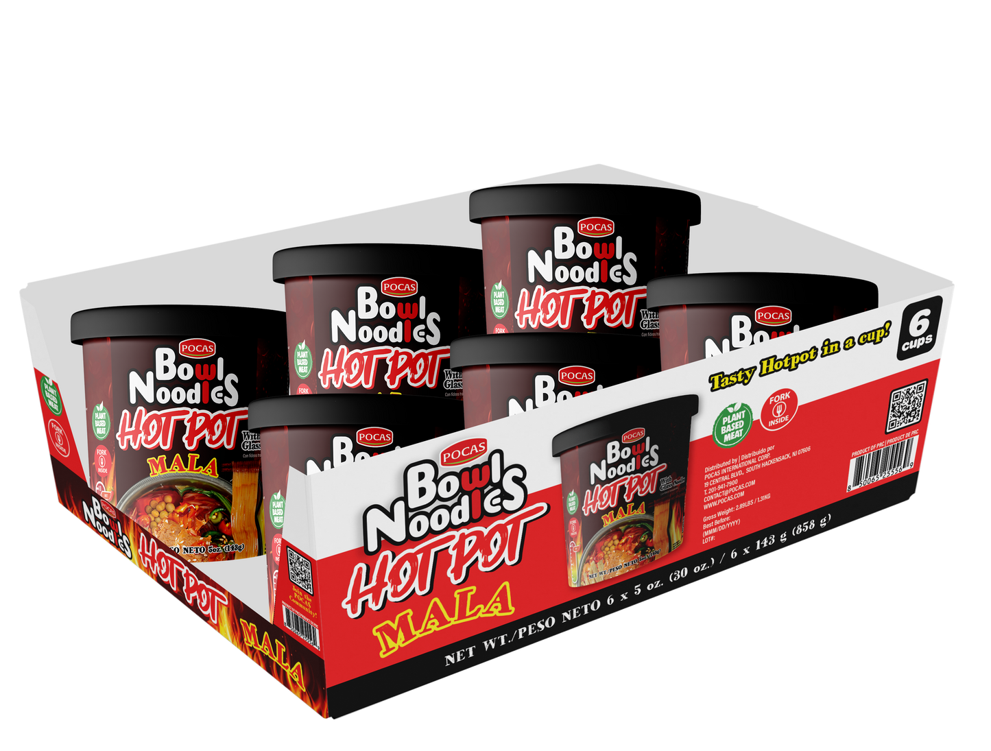 POCAS Bowl Noodles Hot Pot Ready-in-Minute Noodle Bowl, Spicy Sichuan Style Broth, 6 Cups