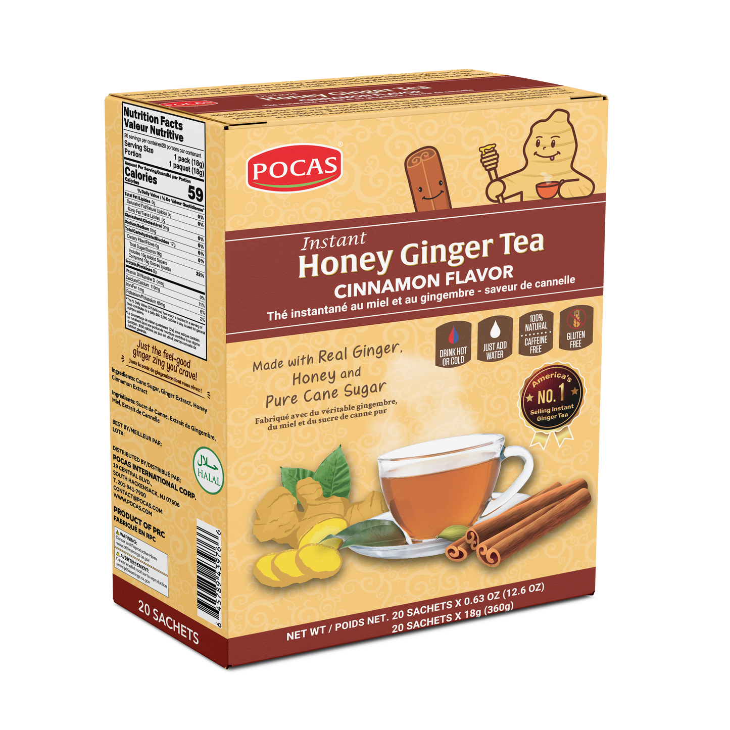 Pocas Honey Ginger Tea - Instant Tea Powder Packets with Lemon & Ginger Honey Crystals, 20 Count