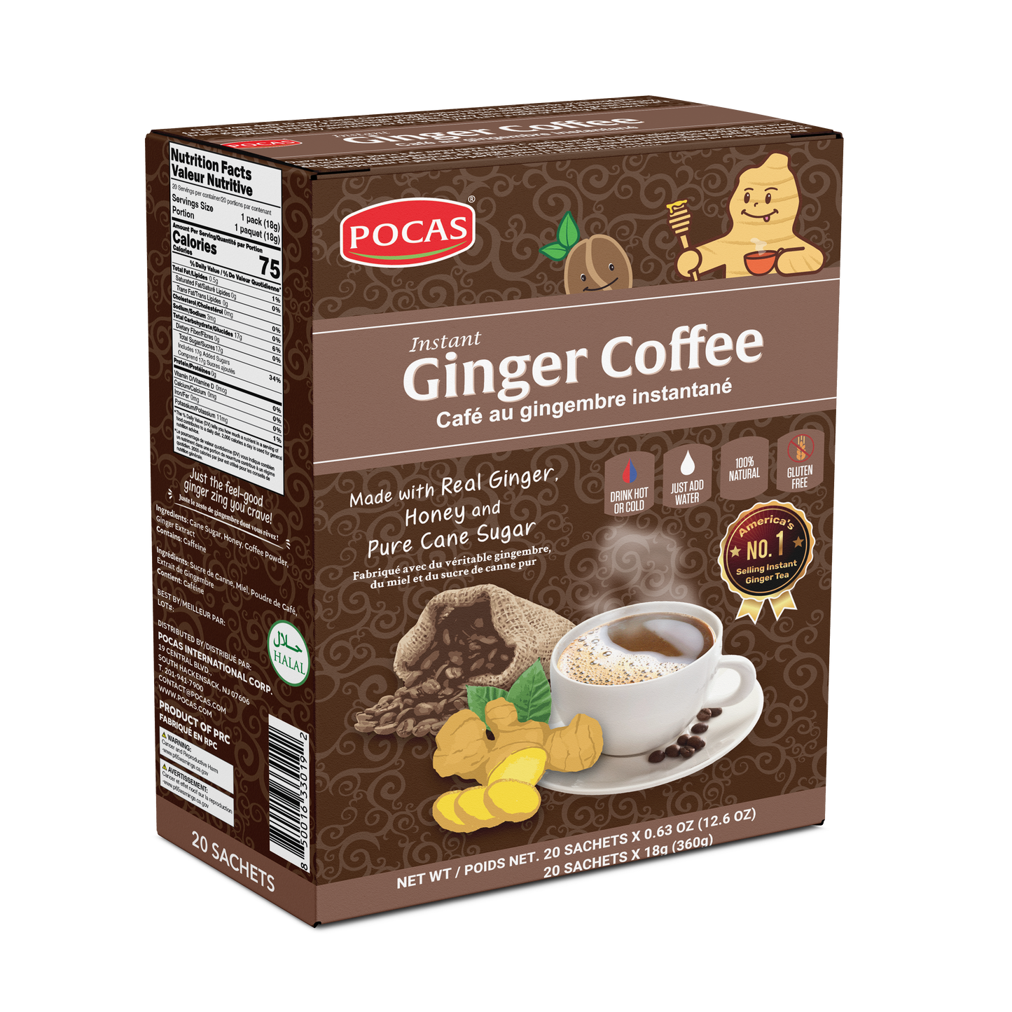 Pocas Honey Ginger Tea - Instant Tea Powder Packets with Lemon & Ginger Honey Crystals, 20 Count