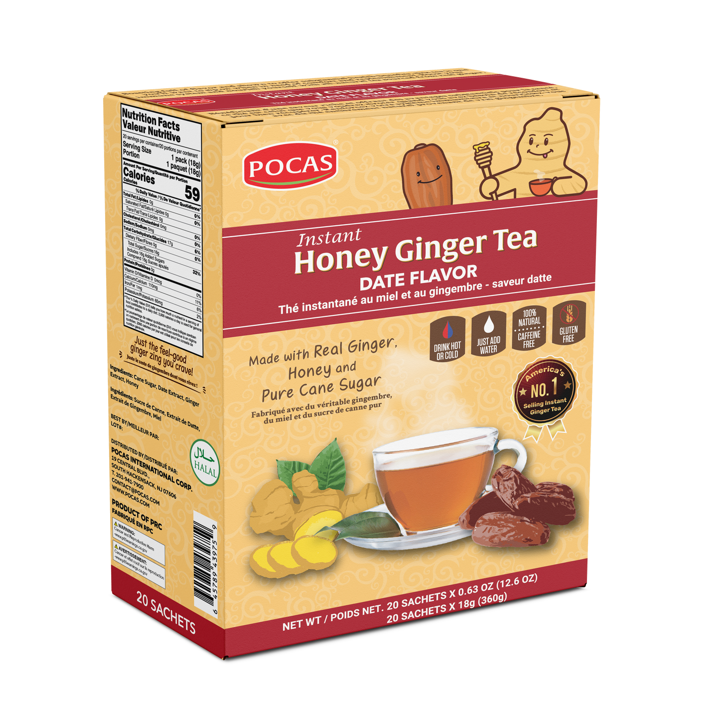Pocas Honey Ginger Tea - Instant Tea Powder Packets with Lemon & Ginger Honey Crystals, 20 Count