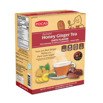 Pocas Honey Ginger Tea - Instant Tea Powder Packets with Lemon & Ginger Honey Crystals, 20 Count