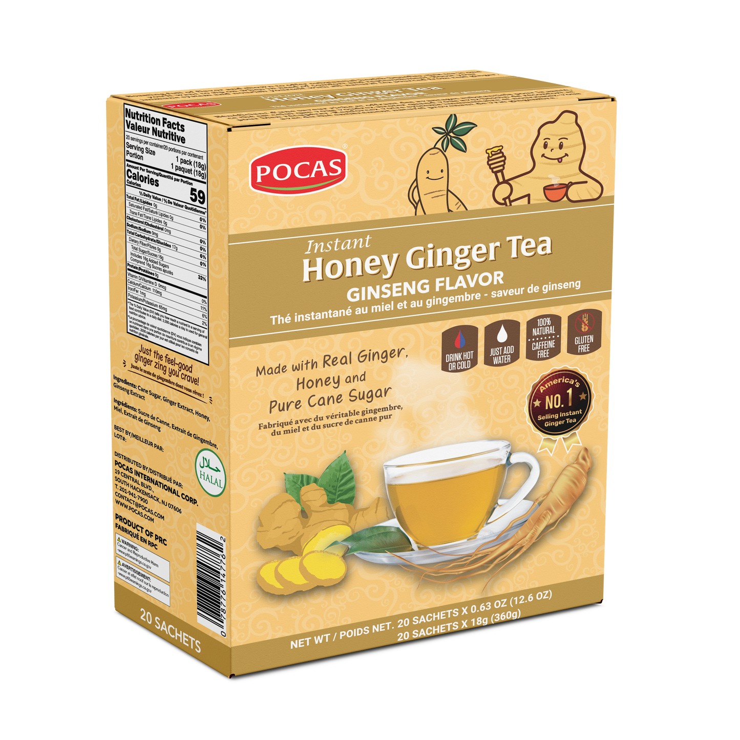 Pocas Honey Ginger Tea - Instant Tea Powder Packets with Lemon & Ginger Honey Crystals, 20 Count
