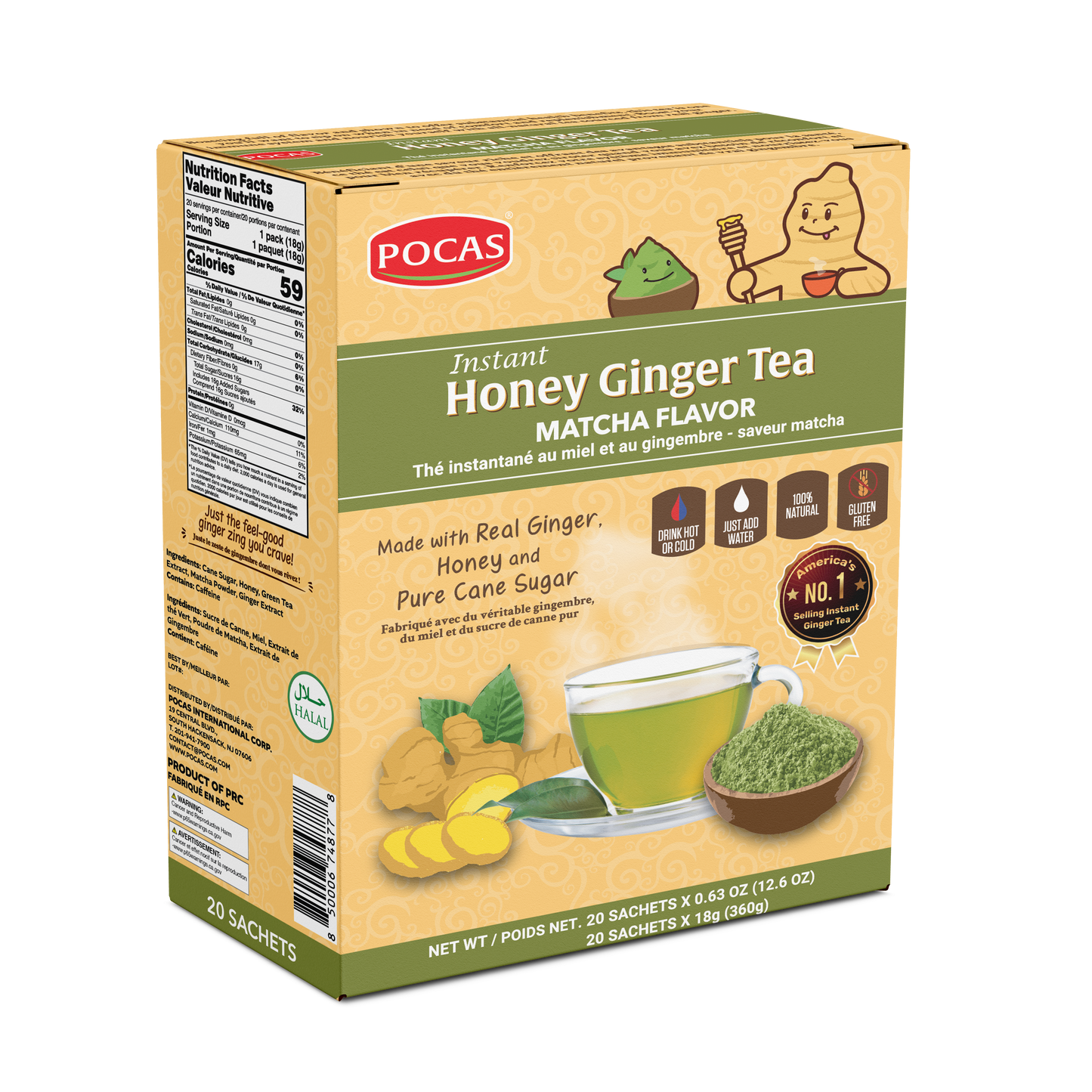 Pocas Honey Ginger Tea - Instant Tea Powder Packets with Lemon & Ginger Honey Crystals, 20 Count