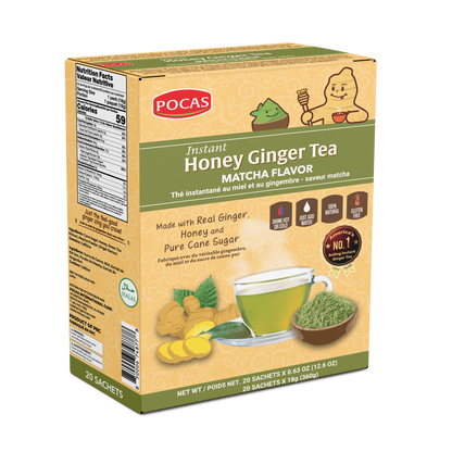 Pocas Honey Ginger Tea - Instant Tea Powder Packets with Lemon & Ginger Honey Crystals, 20 Count