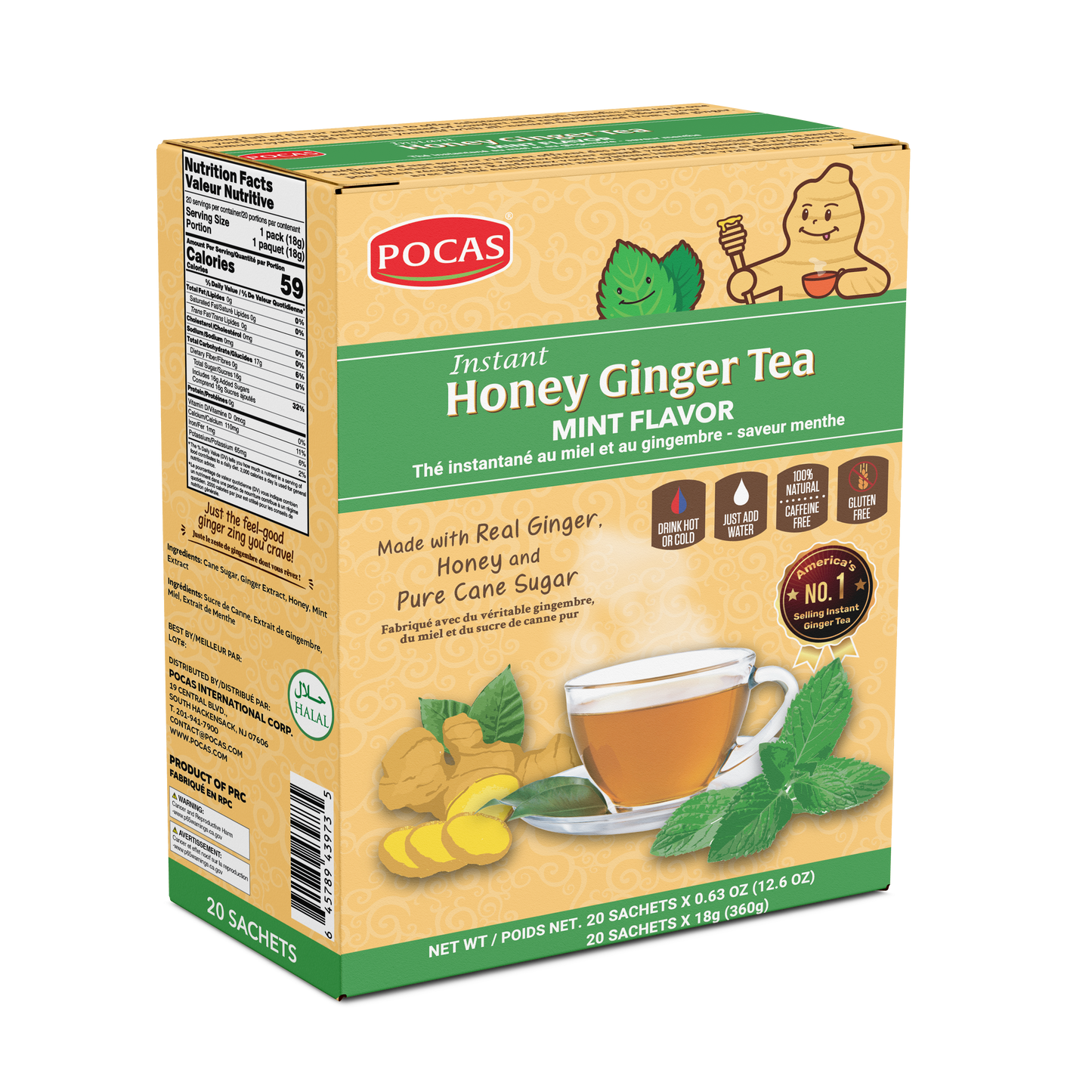 Pocas Honey Ginger Tea - Instant Tea Powder Packets with Lemon & Ginger Honey Crystals, 20 Count