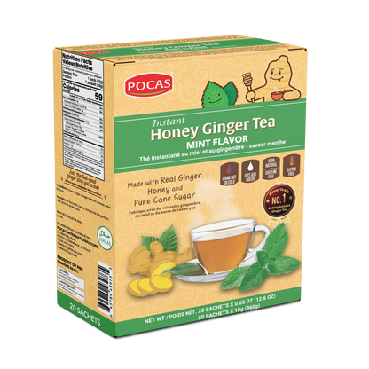Pocas Honey Ginger Tea - Instant Tea Powder Packets with Lemon & Ginger Honey Crystals, 20 Count