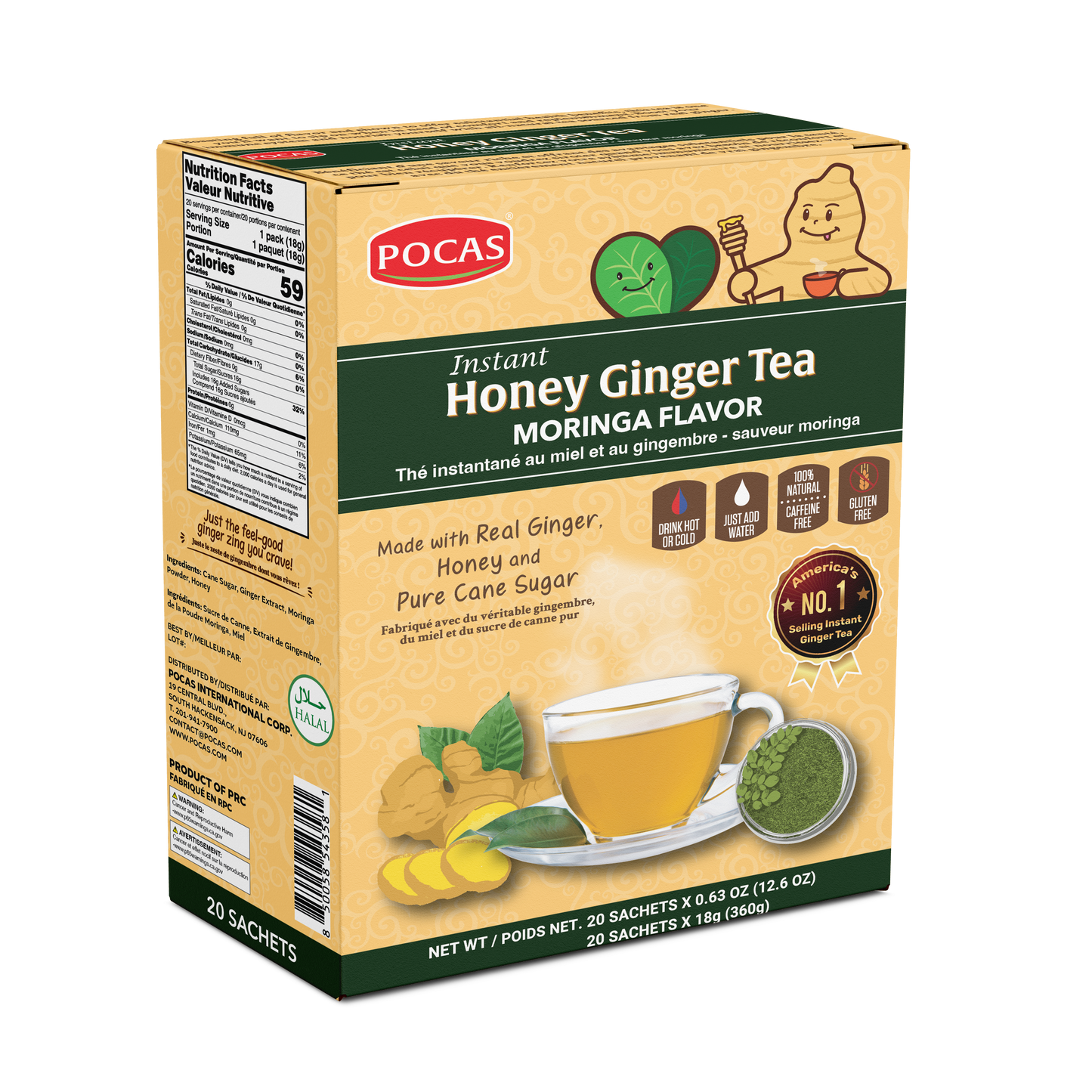 Pocas Honey Ginger Tea - Instant Tea Powder Packets with Lemon & Ginger Honey Crystals, 20 Count