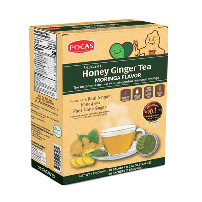 Pocas Honey Ginger Tea - Instant Tea Powder Packets with Lemon & Ginger Honey Crystals, 20 Count