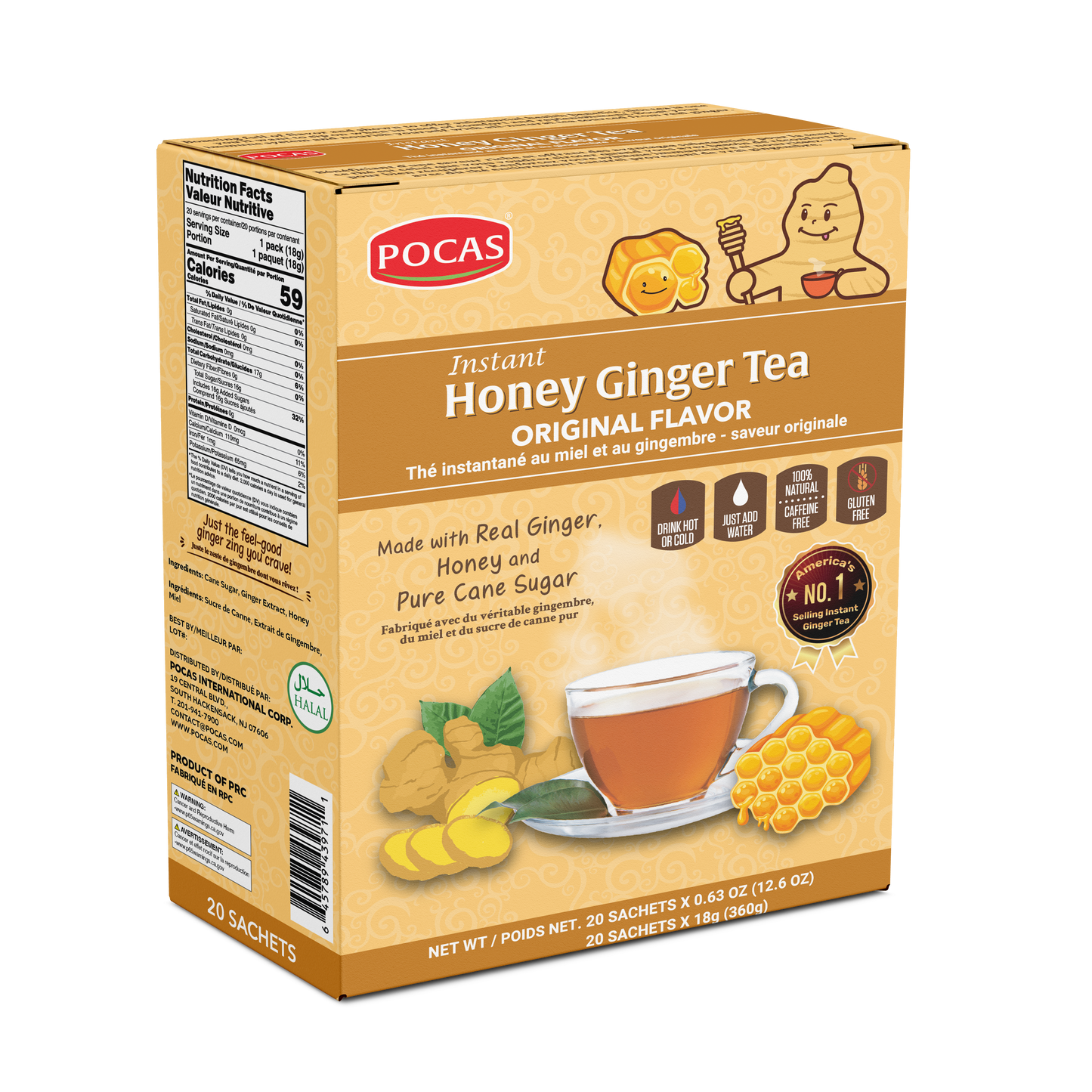Pocas Honey Ginger Tea - Instant Tea Powder Packets with Lemon & Ginger Honey Crystals, 20 Count