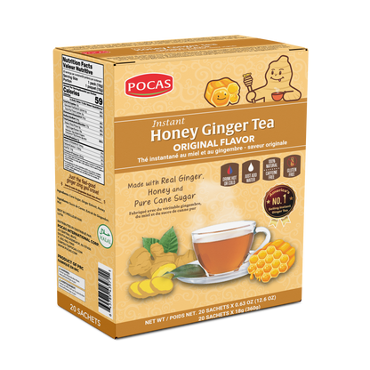 Pocas Honey Ginger Tea - Instant Tea Powder Packets with Lemon & Ginger Honey Crystals, 20 Count