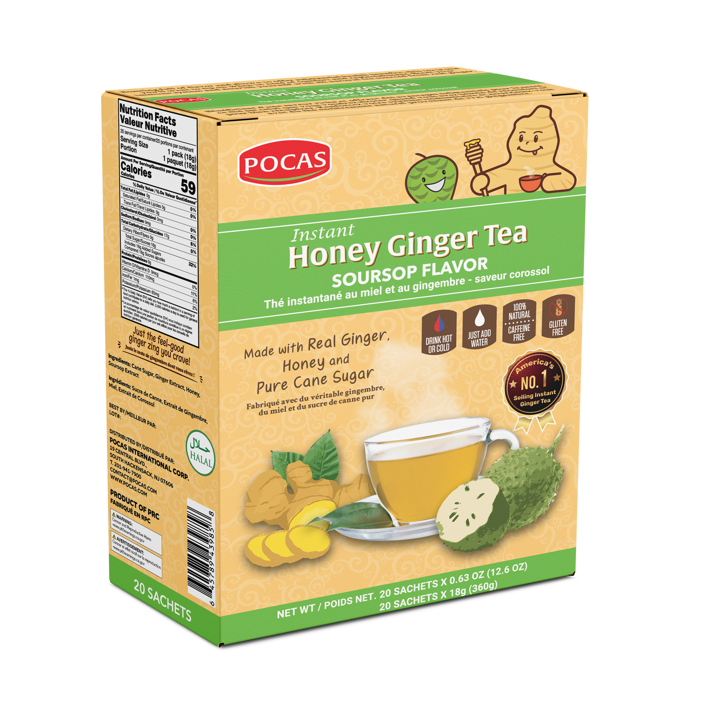 Pocas Honey Ginger Tea - Instant Tea Powder Packets with Lemon & Ginger Honey Crystals, 20 Count
