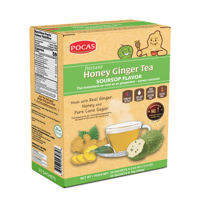 Pocas Honey Ginger Tea - Instant Tea Powder Packets with Lemon & Ginger Honey Crystals, 20 Count