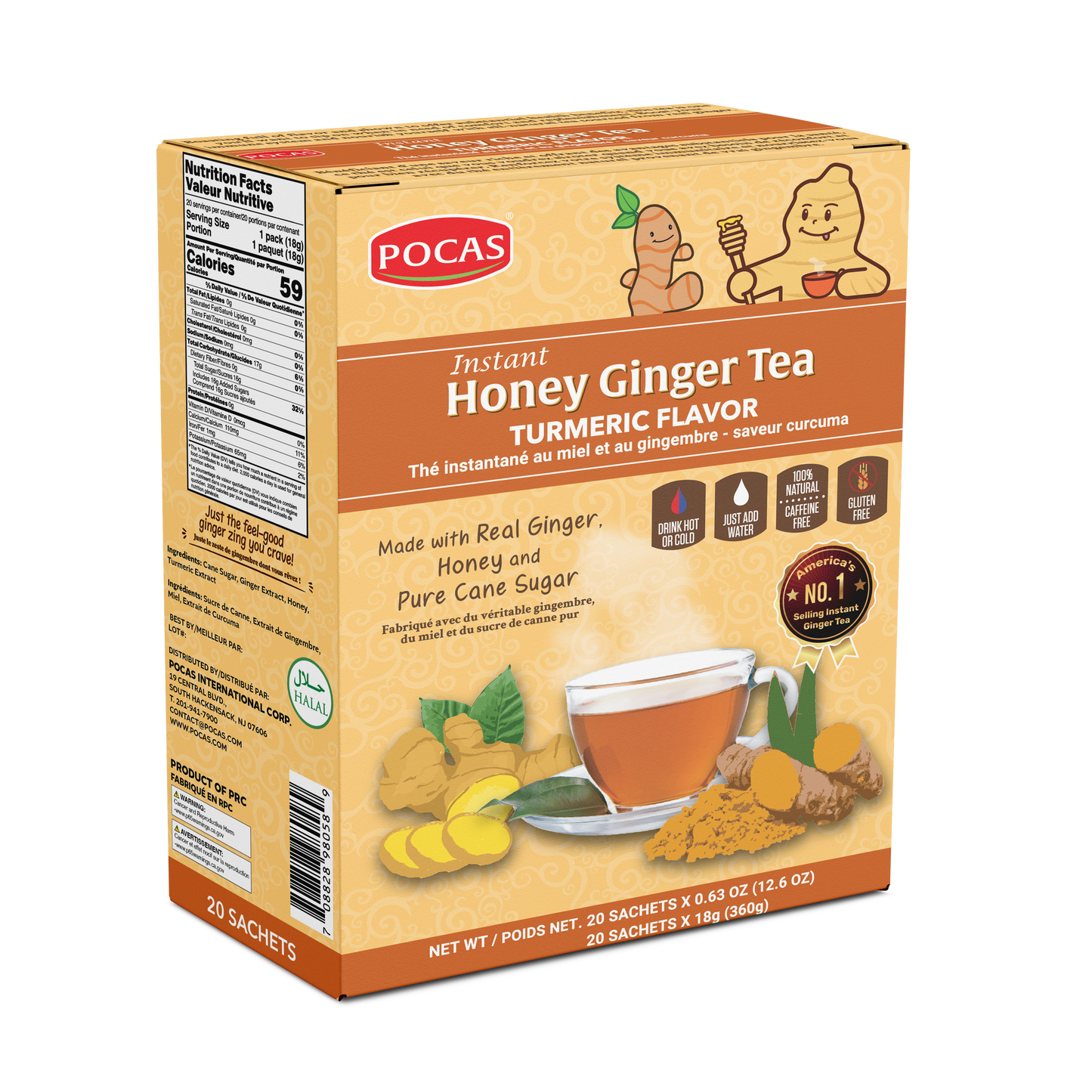 Pocas Honey Ginger Tea - Instant Tea Powder Packets with Lemon & Ginger Honey Crystals, 20 Count