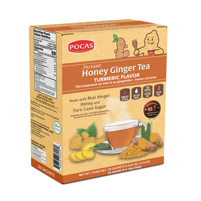 Pocas Honey Ginger Tea - Instant Tea Powder Packets with Lemon & Ginger Honey Crystals, 20 Count