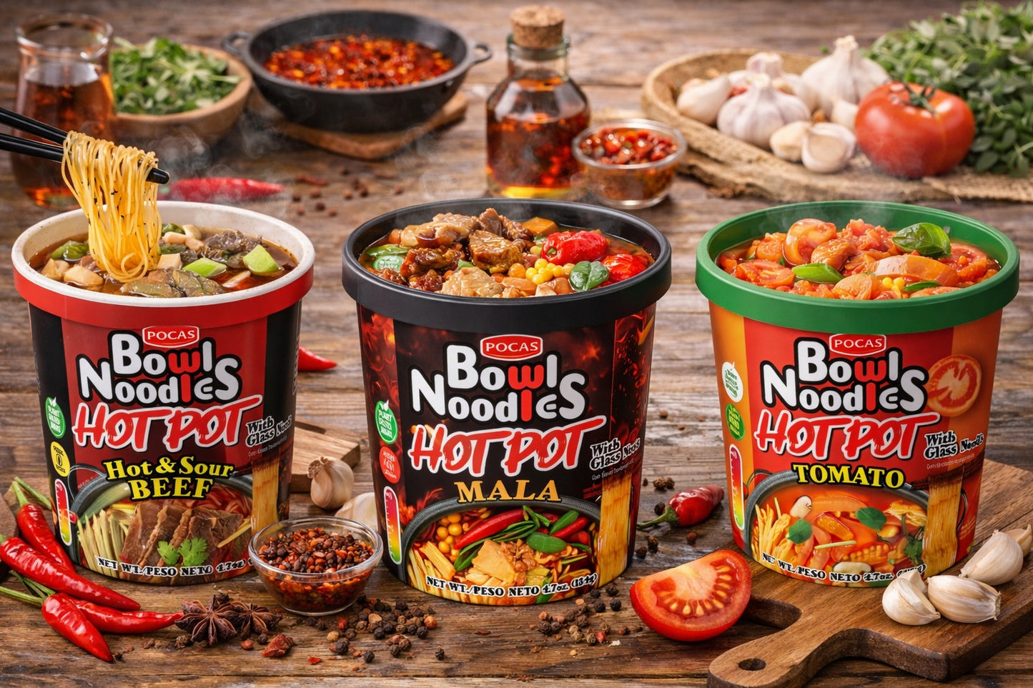 POCAS Bowl Noodles Hot Pot Ready-in-Minute Noodle Bowl, Spicy Sichuan Style Broth, 6 Cups