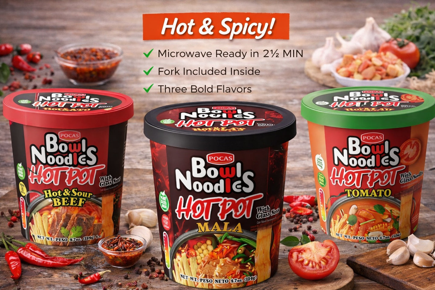 POCAS Bowl Noodles Hot Pot Ready-in-Minute Noodle Bowl, Spicy Sichuan Style Broth, 6 Cups