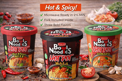 POCAS Bowl Noodles Hot Pot Ready-in-Minute Noodle Bowl, Spicy Sichuan Style Broth, 6 Cups