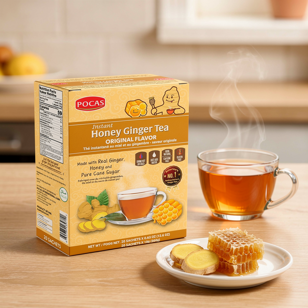 Pocas Honey Ginger Tea - Instant Tea Powder Packets with Lemon & Ginger Honey Crystals, 20 Count