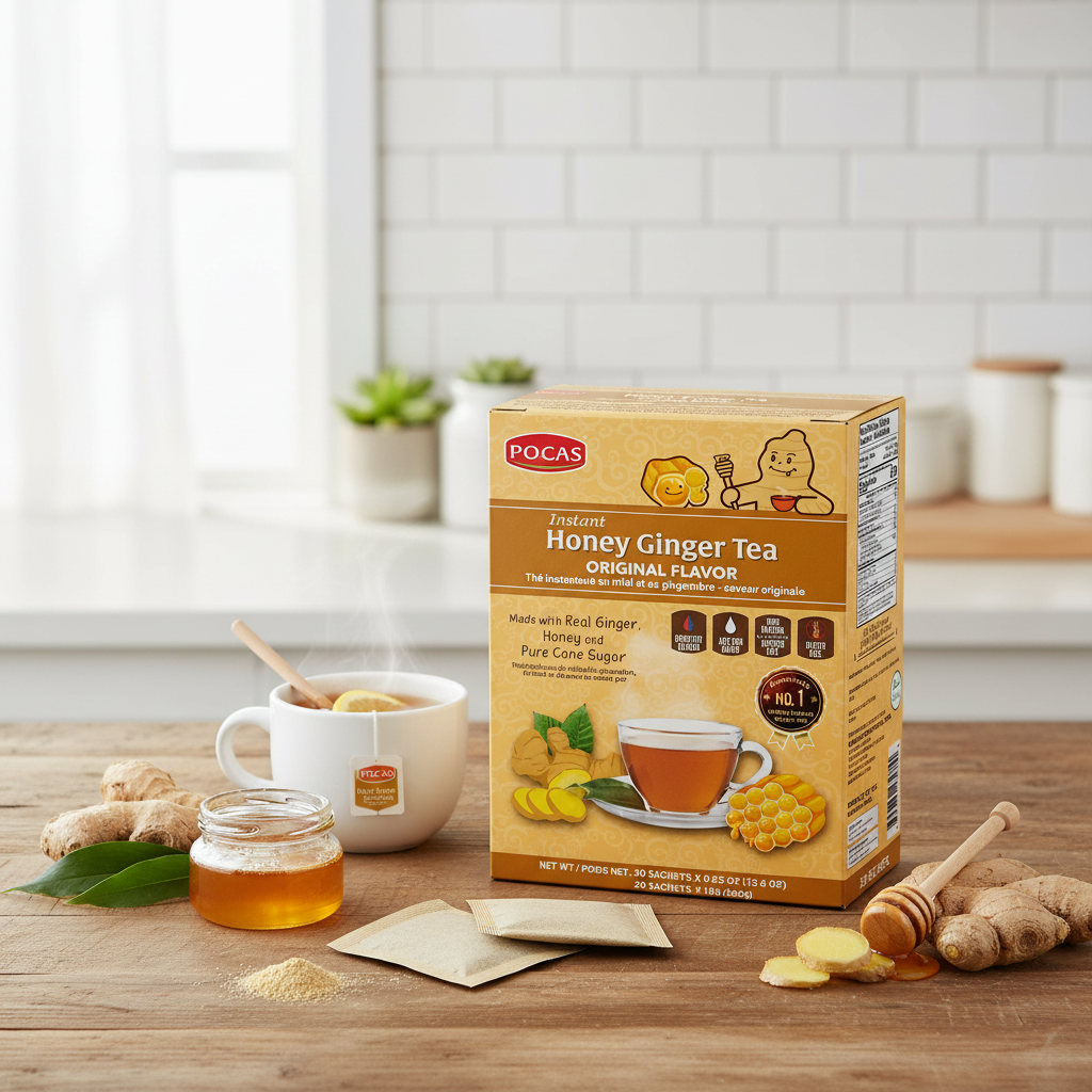 Pocas Honey Ginger Tea - Instant Tea Powder Packets with Lemon & Ginger Honey Crystals, 20 Count