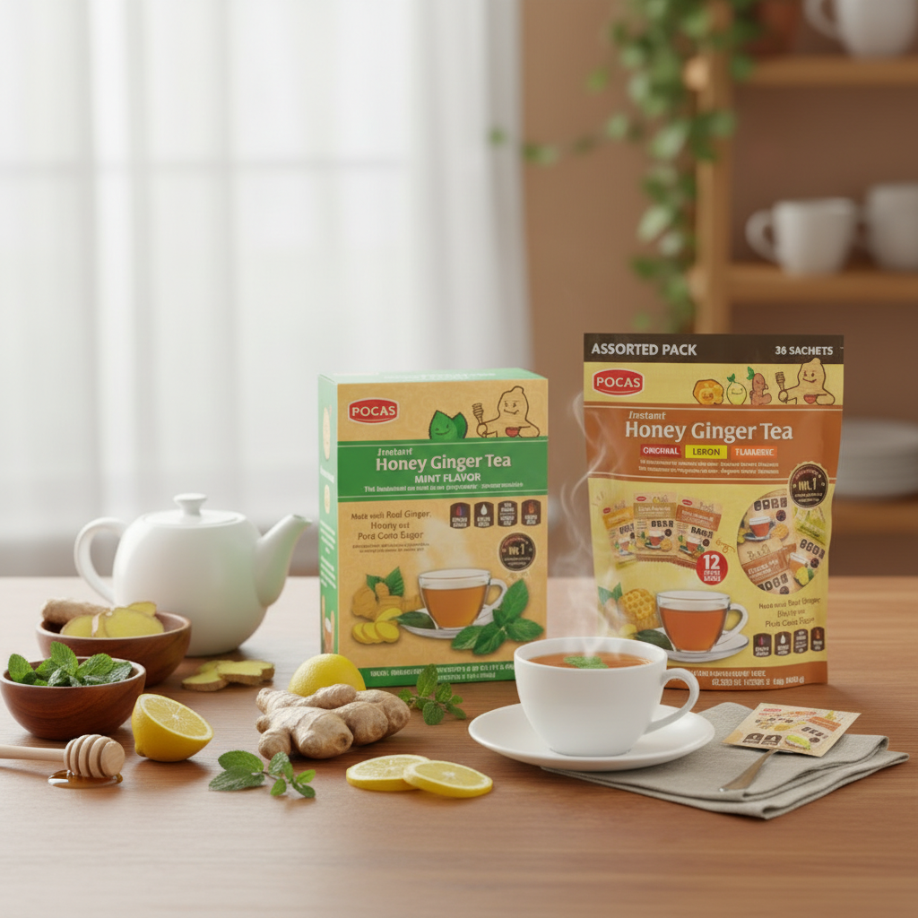 Pocas Honey Ginger Tea - Instant Tea Powder Packets with Lemon & Ginger Honey Crystals, 20 Count