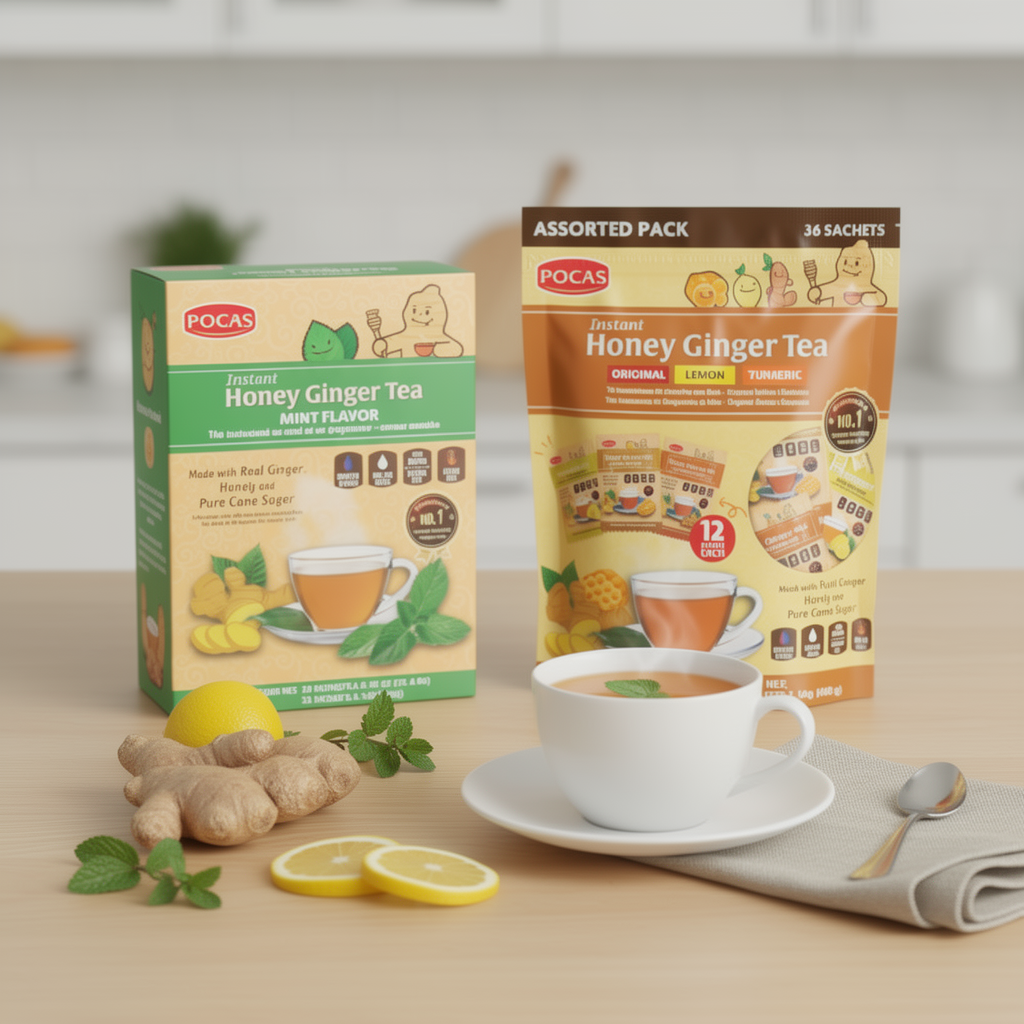 Pocas Honey Ginger Tea - Instant Tea Powder Packets with Lemon & Ginger Honey Crystals, 20 Count