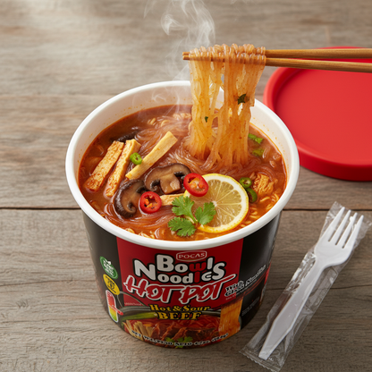POCAS Bowl Noodles Hot Pot Ready-in-Minute Noodle Bowl, Spicy Sichuan Style Broth, 6 Cups
