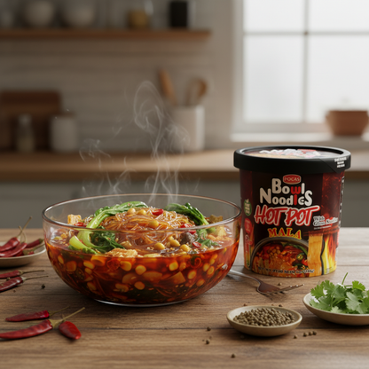 POCAS Bowl Noodles Hot Pot Ready-in-Minute Noodle Bowl, Spicy Sichuan Style Broth, 6 Cups